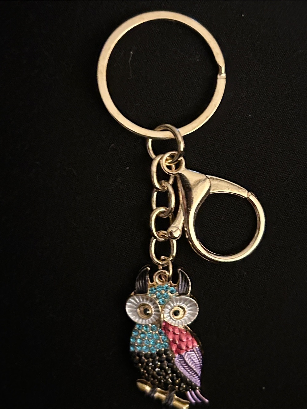Gold Tone Owl Keychain with Multicolor Crystal Accent